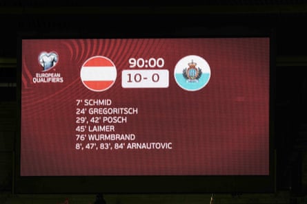 The scoreboard showing Austria's 1-0 win over San Marino