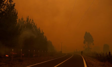 A person walks along a road in Santa Juana in Chile’s Biobío region as smoke from wildfires fills the air.