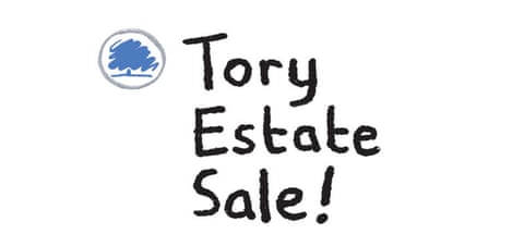 Stephen Collins cartoon on Tory estate sale, panel 1