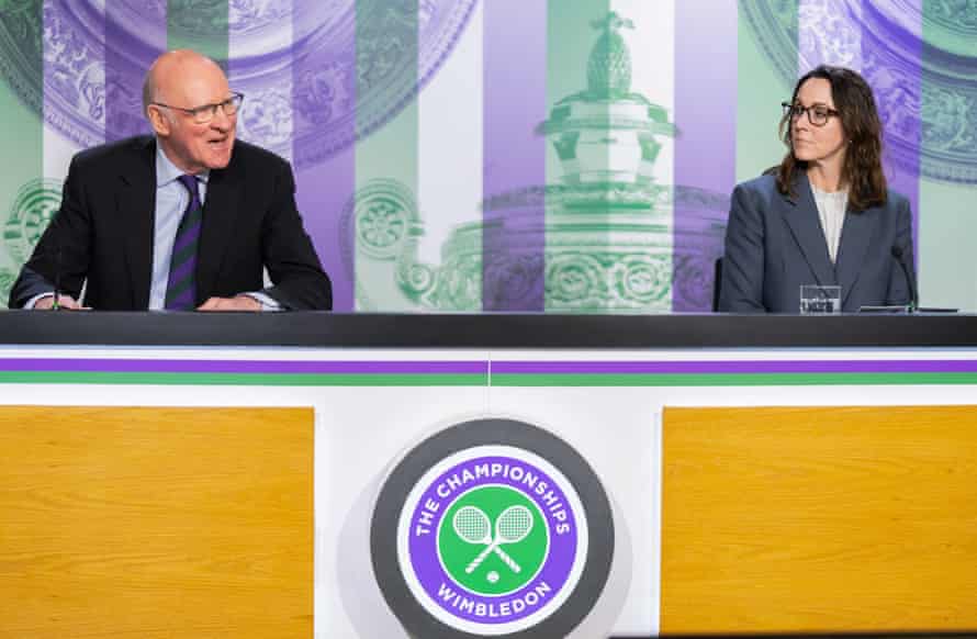 The AELTC chairman, Ian Hewitt, and chief executive, Sally Bolton, defend the player ban at Wimbledon on Tuesday.