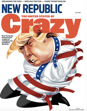 André Carrilho for The New Republic“The New Republic asked me to draw Trump in a straitjacket; my contribution was the way in which it’s graphically presented, with Trump on his knees and breathing heavily, flustered. When the satire writes itself, it’s not hard to understand why it becomes a more valuable tool to fight abuse. It was the same with Mussolini and Berlusconi, each a more ridiculous persona than the other. In this environment, images that are quickly understood and convey an opinion that can be easily appropriated and shared are a valuable commodity.”