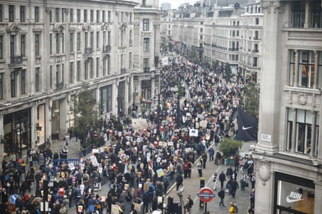 The anti-Trump protesters in London going down Regent Street.