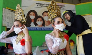 Professional dancers wearing their new face masks in. Indonesia amid the coronavirus pandemic,