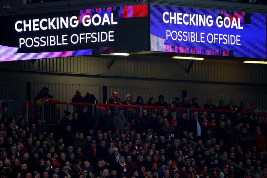 The screen inside the stadium shows that a VAR check is taking place. The result is no goal.