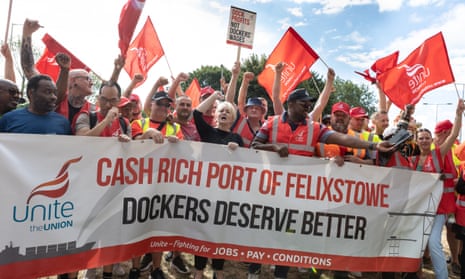 Striking dock workers at the Felixstowe dockyard, Suffolk, 24 August 2022. 