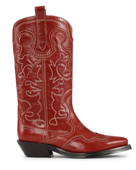 Ganni red embroidered western boots