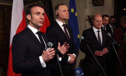 Emmanuel Macron, Andrzej Duda and Olaf Scholz address media at the Munich conference