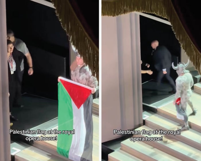 Cast member displays Palestinian flag at end of Royal Opera House performance