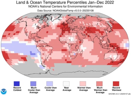 Map showing that most of the globe was warmer in 2022 than the pre-industrial average.
