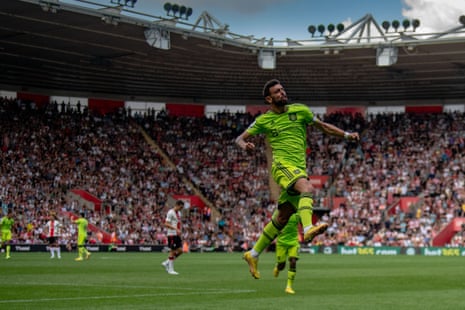 Bruno Fernandes of Manchester United celebrates after opening the scoring.