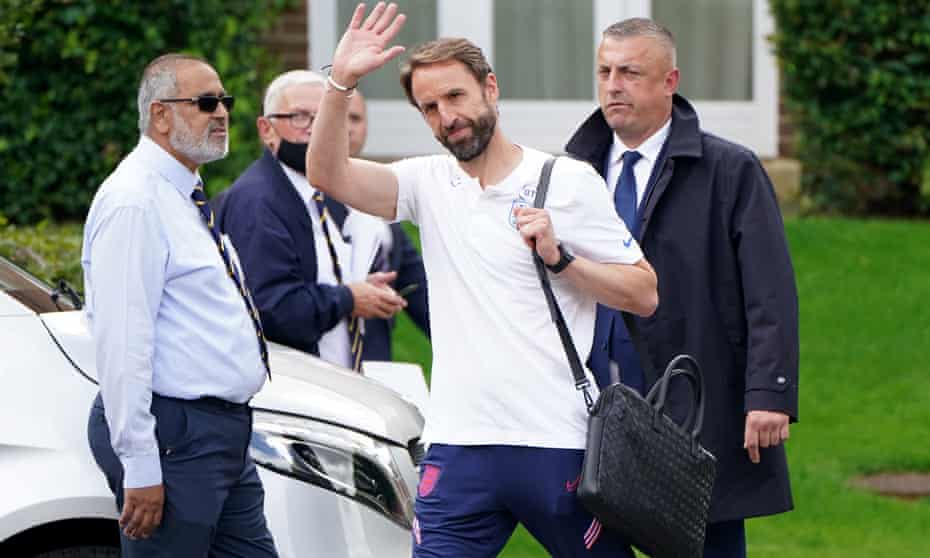 The England manager, Gareth Southgate, leaves the Grove Hotel on Monday.