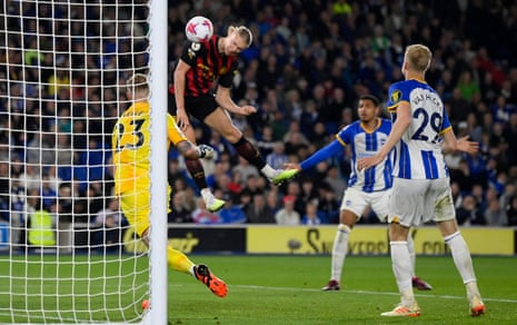 Manchester City’s Erling Braut Haaland scores a goal later disallowed after a VAR review because of a foul by Haaland.