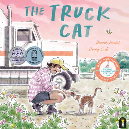 a watercolour style illustration showing a man crouched down and petting a cat, with a truck and farmland in the background, and a flowers in the foreground.