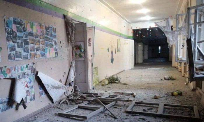 An interior view shows a school building damaged by a Russian military strike in a location given as Marhanets in Dnipropetrovsk.