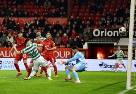 Kieran Tierney scores Celtic’s first goal of the game at Aberdeen.