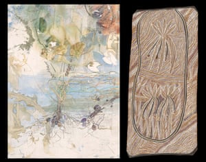 Bulwutja, a detail from ‘Distant glimpses of the great floodplain seen through a veil of trees and hanging vines’ 2017 by John Wolseley. Bulwutja, 2012, Dhuwa molety by Mulkun Wirrpanda, Dhugi-Djapu clan, earth pigments on stringybark.