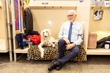 A saluki and his owner sit in a booth