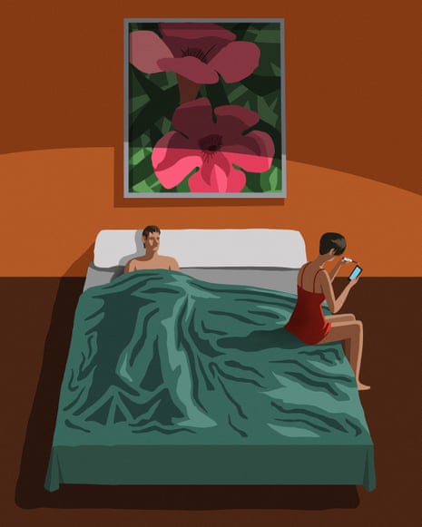 Illustration of couple on bed with woman checking phone