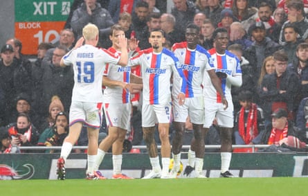 Crystal Palace players celebrate at Anfield.