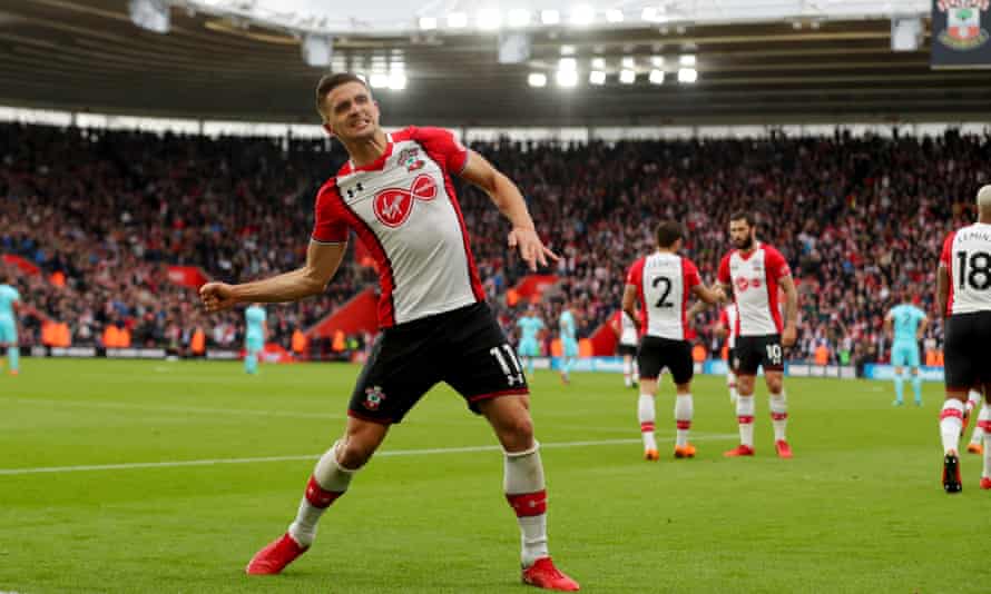 Dusan Tadic celebrates after scoring for Southampton against Bournemouth in April 2018.