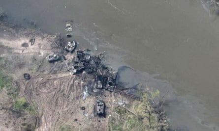 A photograph provided by Ukrainian armed forces showing destroyed or damaged Russian armoured vehicles on the banks of the Donets River.