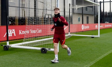 Harvey Elliott running at Liverpool’s training ground on Monday.