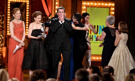 The cast and creative team of Fun Home accepting the award for best musical at the 2015 Tony awards.