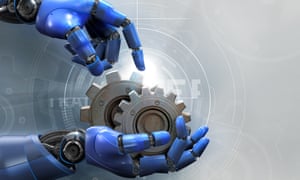 Robotic arms holding metal cogs over diagram