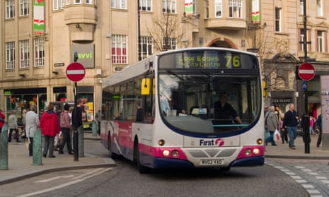 A bus driving through Sheffield City Centre, South Yorkshire.