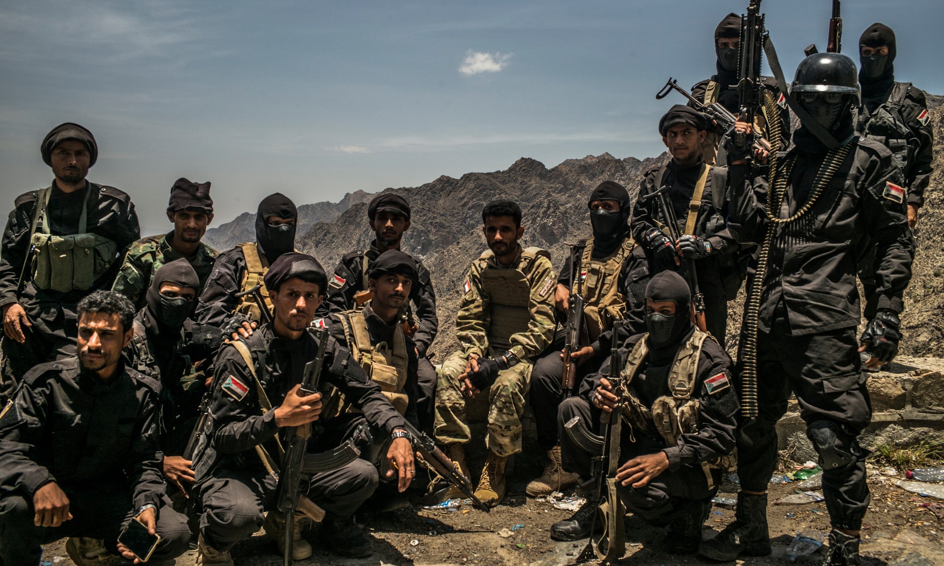 The UAE-backed ‘Security Belt’ militia (commanded by Abu al-Yamama, seated at centre) near their base north of Aden, Yemen.