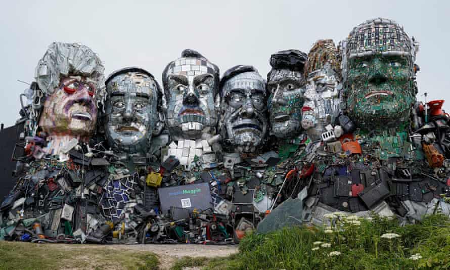 Mount Recyclemore, the giant sculpture of the G7 leaders sits on a clifftop near Carbis Bay in Cornwall