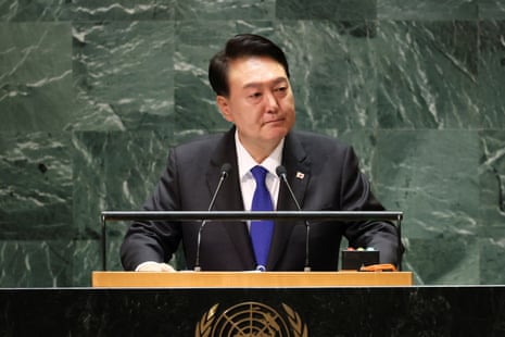 Zelenskiy Calls For Russia To Lose Un Veto Power; Un Chief Says ‘Humanity Has Opened Gates Of Hell’ On Climate 3 South Korea's President Yoon Suk Yeol addresses the 78th United Nations General Assembly at U.N. headquarters in New York, U.S., September 20, 2023.