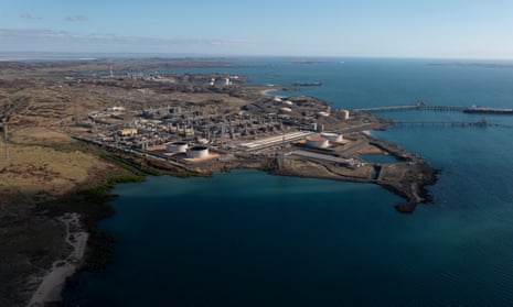 Burrup peninsula with the Woodside-operated North West Shelf Karratha gas plant (in the foreground) and the Burrup Park LNG plant, in the Pilbara region of Western Australia