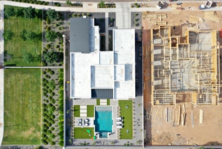 An aerial view of homes being built