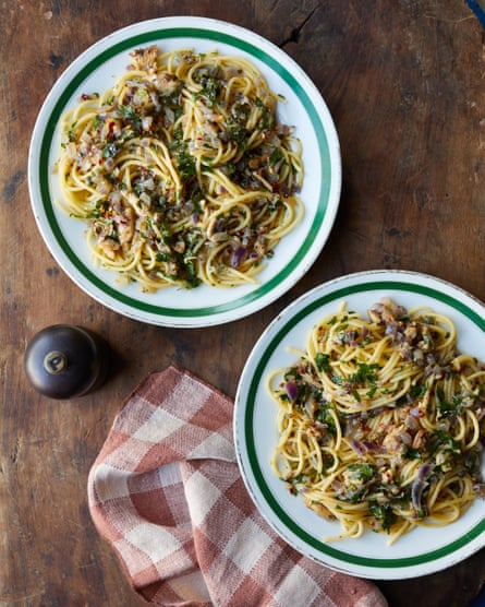 Rachel Roddy’s spaghetti with tinned sardines, anchovy, capers, chilli and lemon.