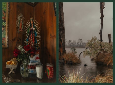 A Virgen de Guadalupe statue seen at a workers home on Hoopers Island, Maryland, left. Trees dead from salt water intrusion, known as “Ghost” pines on the marsh edges of Hoopers Island.
