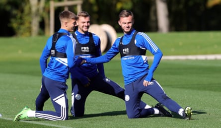 Luke Thomas, Kiernan Dewsbury-Hall and James Maddison during Leicester training on Thursday