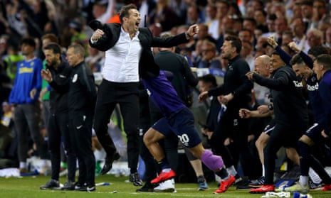 Derby manager Frank Lampard leads the celebrations as his side pipped Leeds to a place in the play-off final.