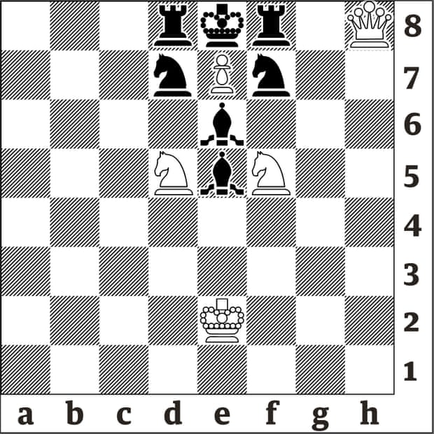 3834 Blancs mats en deux coups, contre n'importe quelle défense (compositeur inconnu), Cette position bizarre s'est avérée délicate à résoudre.