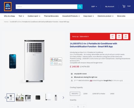 A freestanding air conditioning unit on a fake Aldi webpage