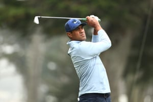 Tony Finau plays a shot.