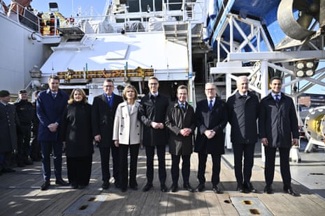 Alexander Stubb, Finland’s president; Ulf Kristersson, Sweden’s PM; Keir Starmer; Jonas Gahr Støre, Norway’s PM; and Rob Jetten, prime minister of the Netherlands. They are on the Finnish border guard ship Turva.
