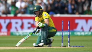 South Africa’s Faf du Plessis is bowled by Hasan Ali of Pakistan at Edgbaston.