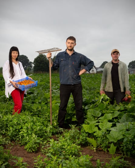 From left, chef Seri Nam, cofounder Joseph Otway, and grower Michael Fitzsimmons at Cinderwood Market Garden.