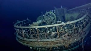 The taffrail, ship’s wheel and aft well deck on the wreck of Endurance