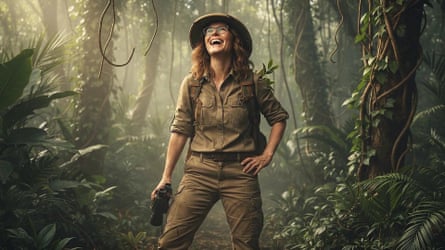 Woman in jungle holding binoculars