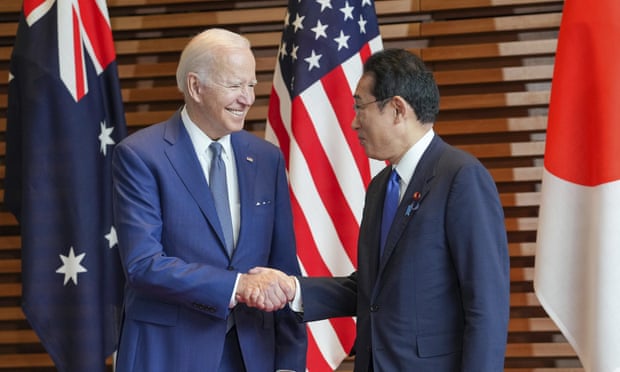 US president Joe Biden is welcomed by Japan's prime minister, Fumio Kishida, in Tokyo for Tuesday’s Quad summit. 