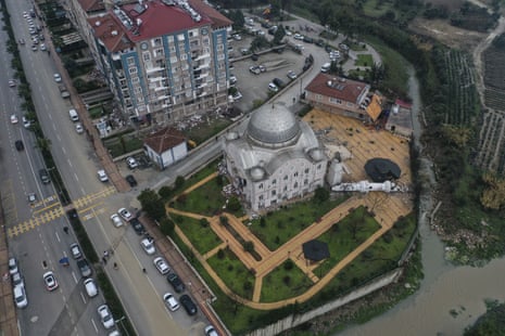An aerial view of a damaged mosque in Hatay, Turkey.