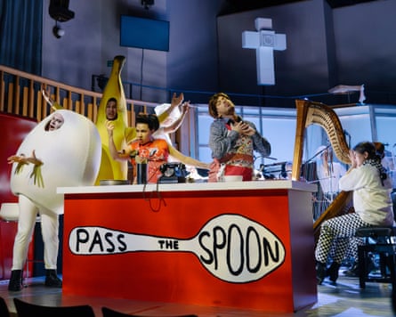 On air … hosts Amy J Payne as June Spoon and Xavier Hetherington as Phillip Fork, centre, with Frazer Scott’s Mr Egg and Mark Nathan’s Banana.