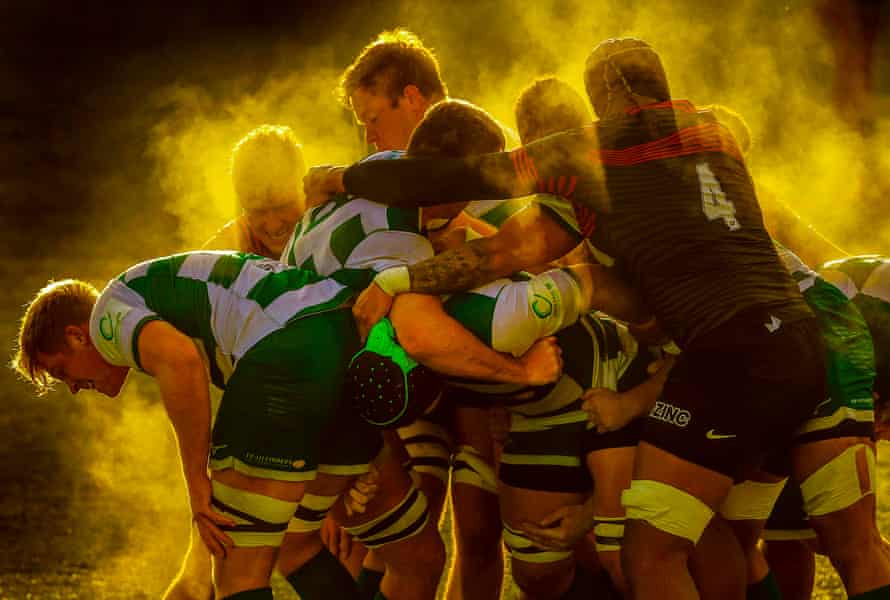 Steam rises from a rolling maul during the Ealing Trailfinders v Saracens Trailfinders Challenge Cup match at the Trailfinders Sports Club on 16 January 16 2021.